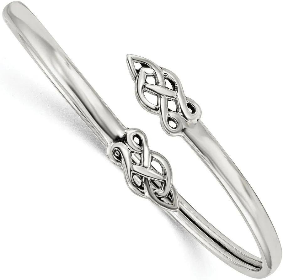 Solid 925 Sterling Silver Celtic Knot Irish Claddagh Flexible Bangle Cuff Bracelet (Width = 4mm)