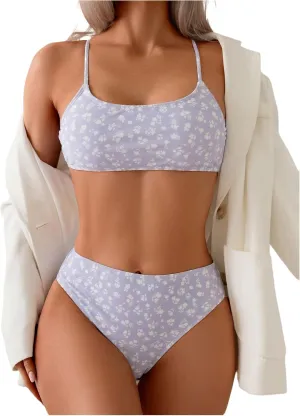 SOLY HUX Women's 2 Piece Bathing Suit Floral Print High Waisted Scoop Neck Cute Bikini Set Beachwear