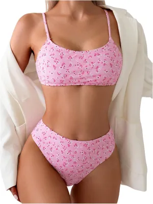 SOLY HUX Women's 2 Piece Bathing Suit Floral Print High Waisted Scoop Neck Cute Bikini Set Beachwear