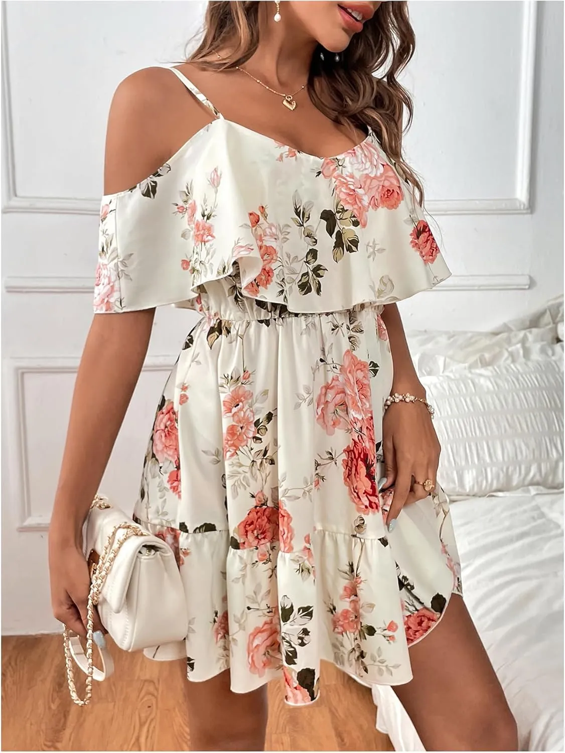 SOLY HUX Women's Boho Floral Print Cold Shoulder Dress Short Sleeve Ruffle A Line Vacation Elegant Mini Dresses