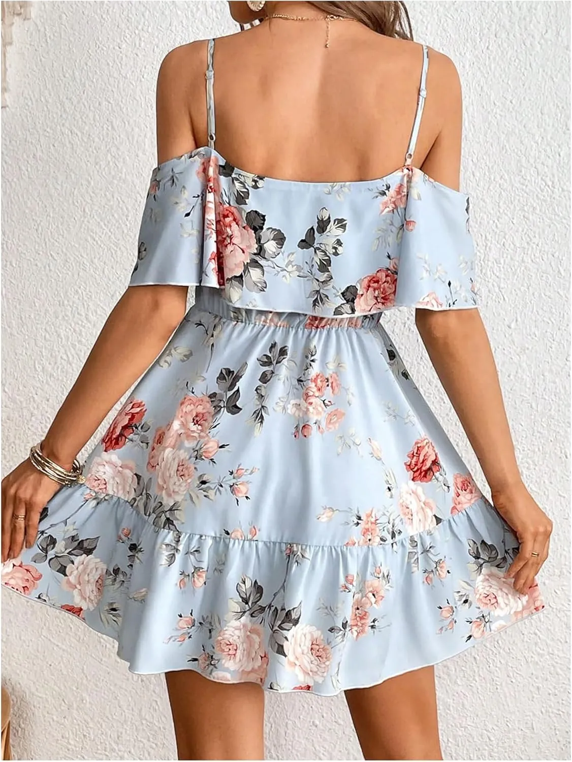 SOLY HUX Women's Boho Floral Print Cold Shoulder Dress Short Sleeve Ruffle A Line Vacation Elegant Mini Dresses