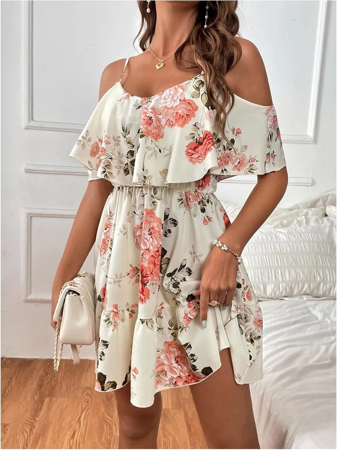 SOLY HUX Women's Boho Floral Print Cold Shoulder Dress Short Sleeve Ruffle A Line Vacation Elegant Mini Dresses