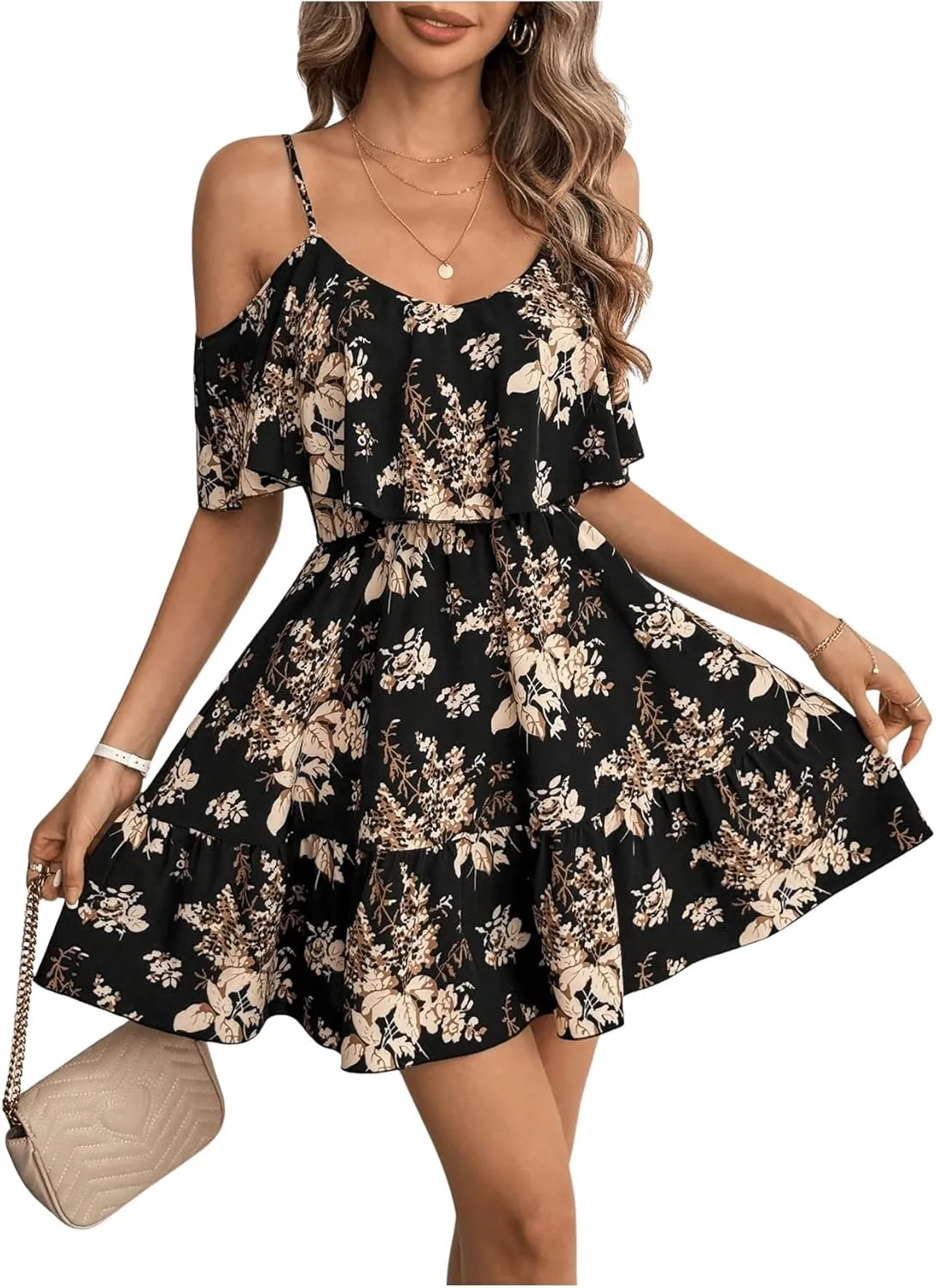 SOLY HUX Women's Boho Floral Print Cold Shoulder Dress Short Sleeve Ruffle A Line Vacation Elegant Mini Dresses
