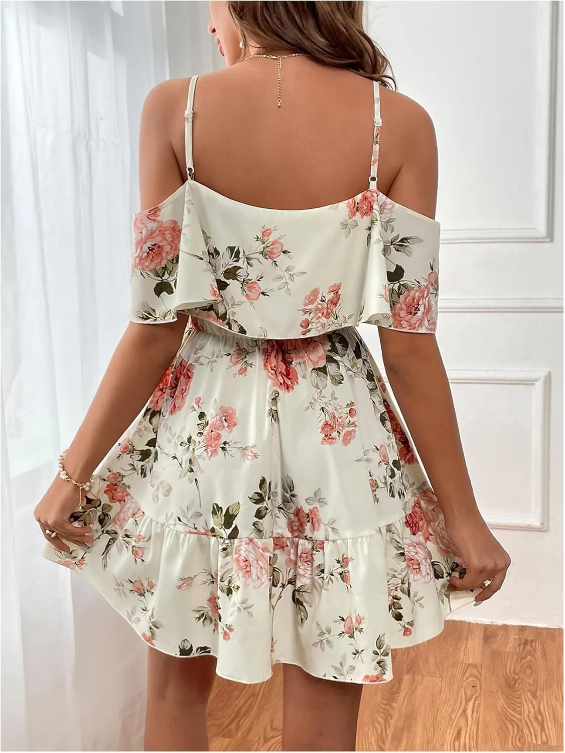 SOLY HUX Women's Boho Floral Print Cold Shoulder Dress Short Sleeve Ruffle A Line Vacation Elegant Mini Dresses