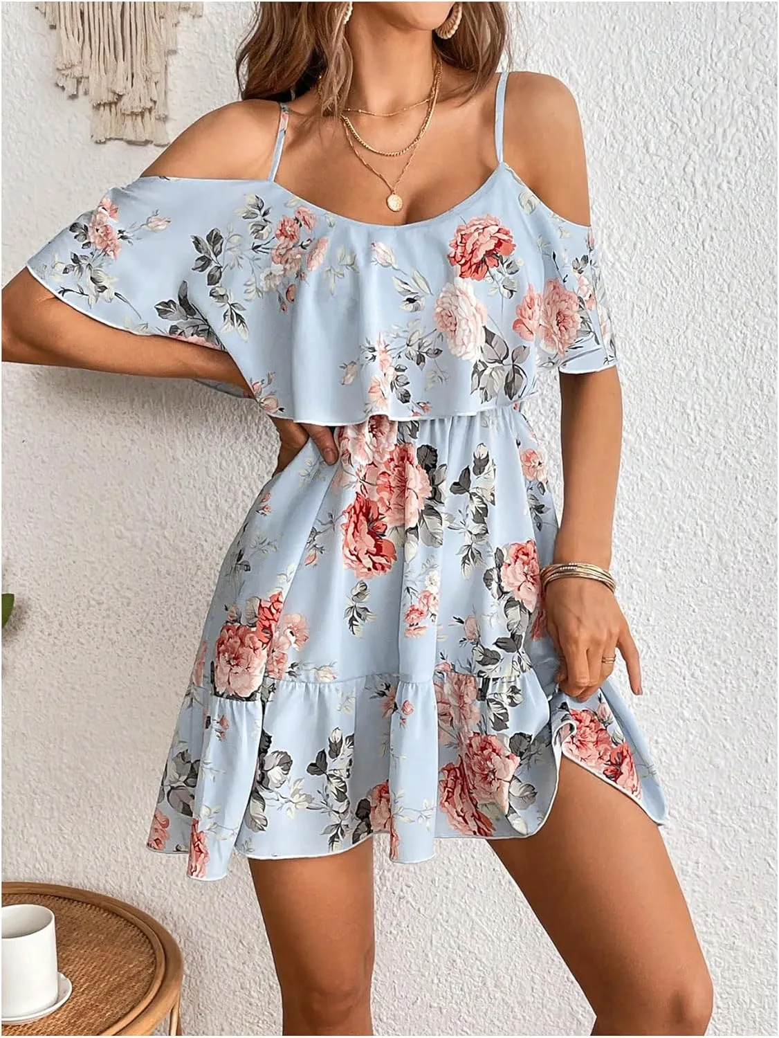 SOLY HUX Women's Boho Floral Print Cold Shoulder Dress Short Sleeve Ruffle A Line Vacation Elegant Mini Dresses