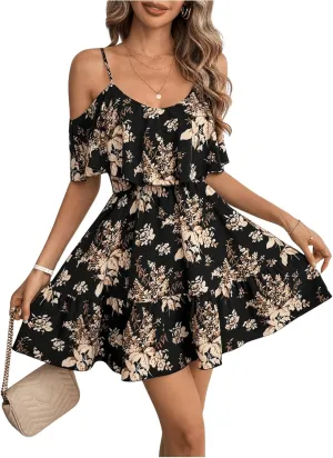 SOLY HUX Women's Boho Floral Print Cold Shoulder Dress Short Sleeve Ruffle A Line Vacation Elegant Mini Dresses
