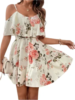 SOLY HUX Women's Boho Floral Print Cold Shoulder Dress Short Sleeve Ruffle A Line Vacation Elegant Mini Dresses