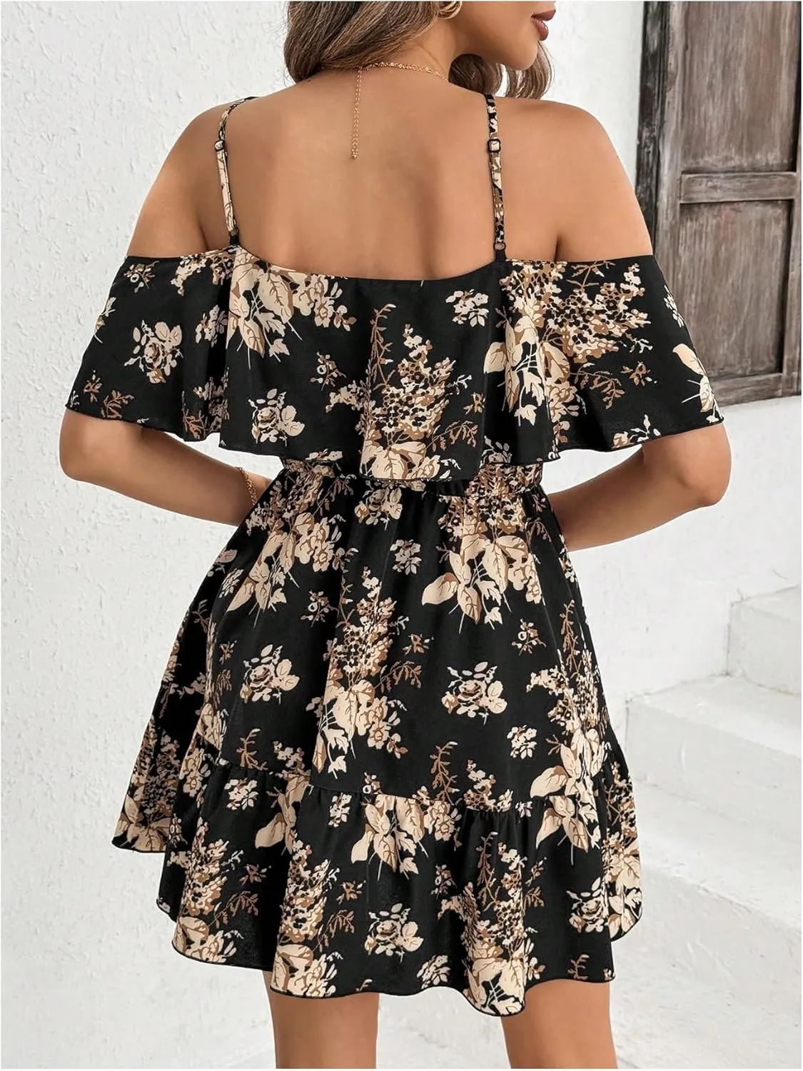 SOLY HUX Women's Boho Floral Print Cold Shoulder Dress Short Sleeve Ruffle A Line Vacation Elegant Mini Dresses