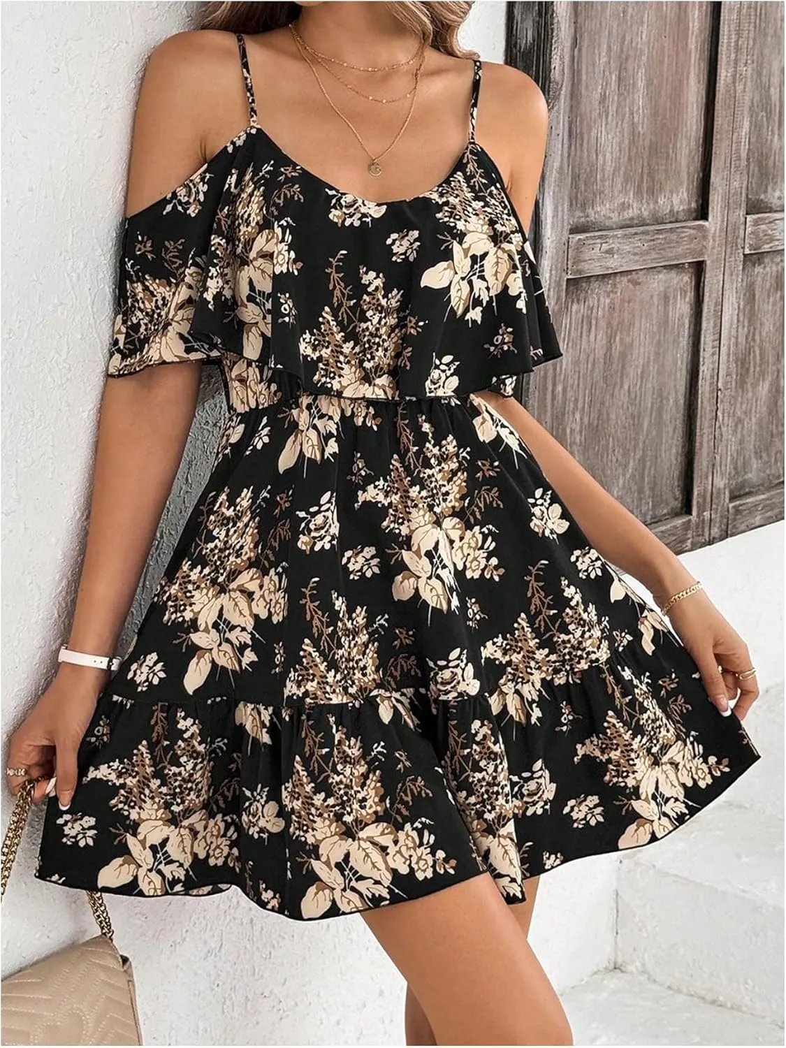 SOLY HUX Women's Boho Floral Print Cold Shoulder Dress Short Sleeve Ruffle A Line Vacation Elegant Mini Dresses