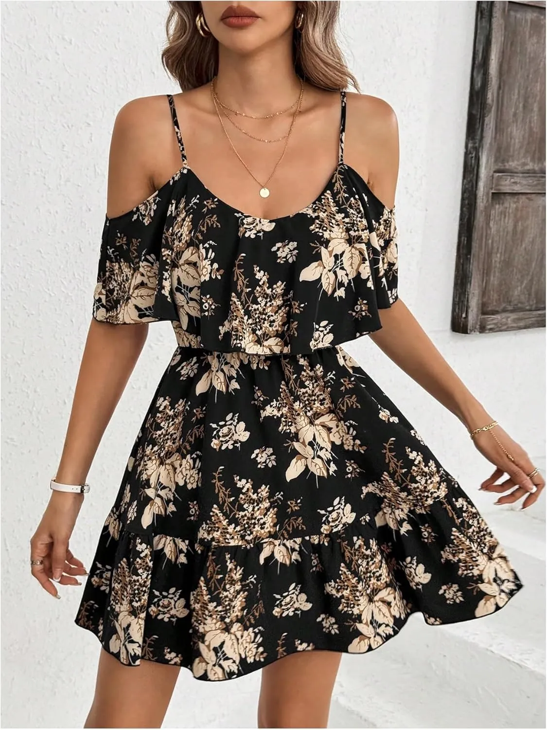 SOLY HUX Women's Boho Floral Print Cold Shoulder Dress Short Sleeve Ruffle A Line Vacation Elegant Mini Dresses