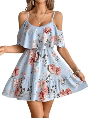 SOLY HUX Women's Boho Floral Print Cold Shoulder Dress Short Sleeve Ruffle A Line Vacation Elegant Mini Dresses