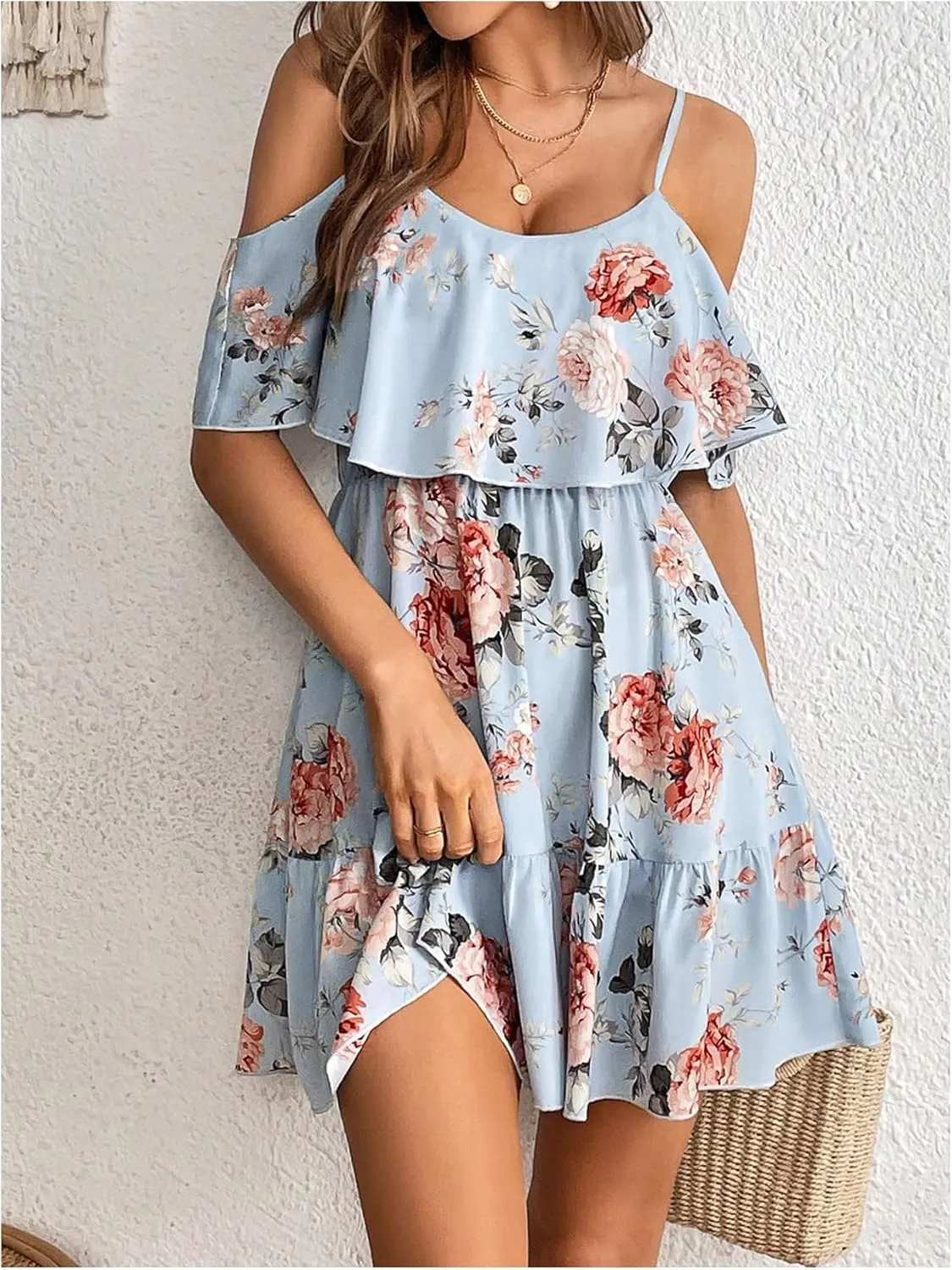 SOLY HUX Women's Boho Floral Print Cold Shoulder Dress Short Sleeve Ruffle A Line Vacation Elegant Mini Dresses