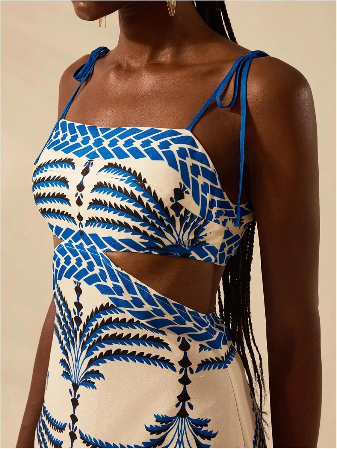 SOLY HUX Women's Summer Maxi Dress Boho Print Tie Shoulder Spaghetti Strap Cut Out Tie Back Cami Dresses Sundress