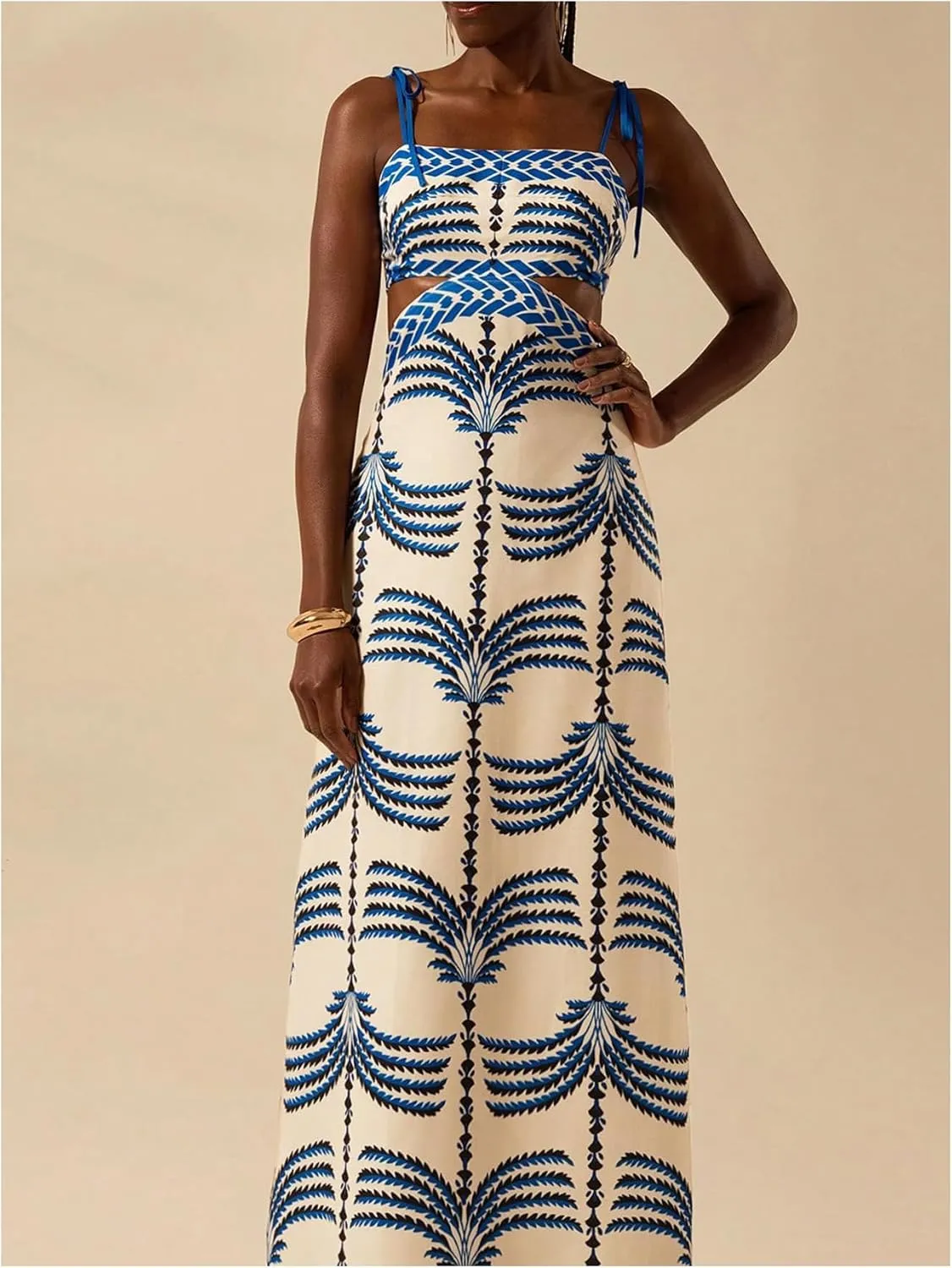SOLY HUX Women's Summer Maxi Dress Boho Print Tie Shoulder Spaghetti Strap Cut Out Tie Back Cami Dresses Sundress