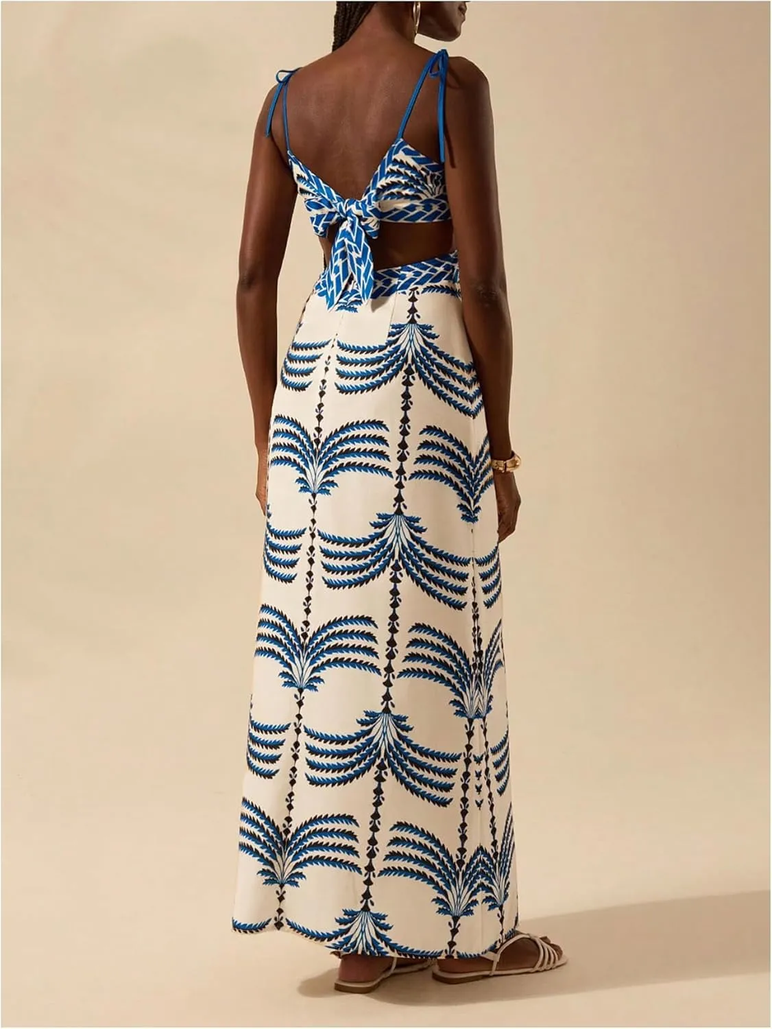 SOLY HUX Women's Summer Maxi Dress Boho Print Tie Shoulder Spaghetti Strap Cut Out Tie Back Cami Dresses Sundress