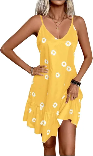 SOLY HUX Women's Sundress Floral Print Cami Dress V Neck Spaghetti Strap Ruffle Hem Summer Short Dresses