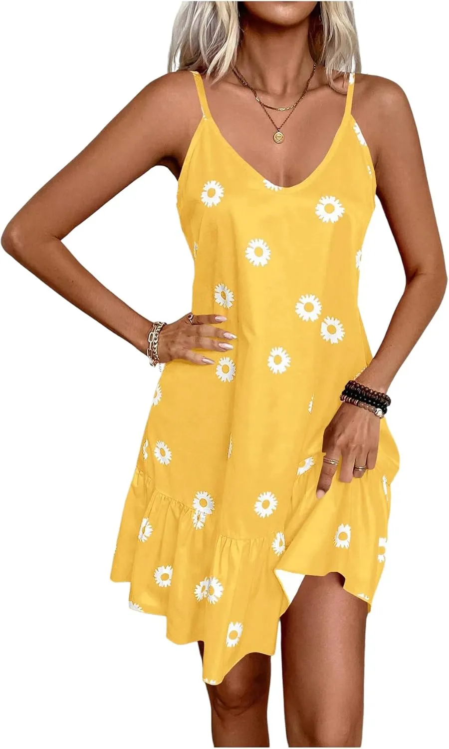 SOLY HUX Women's Sundress Floral Print Cami Dress V Neck Spaghetti Strap Ruffle Hem Summer Short Dresses