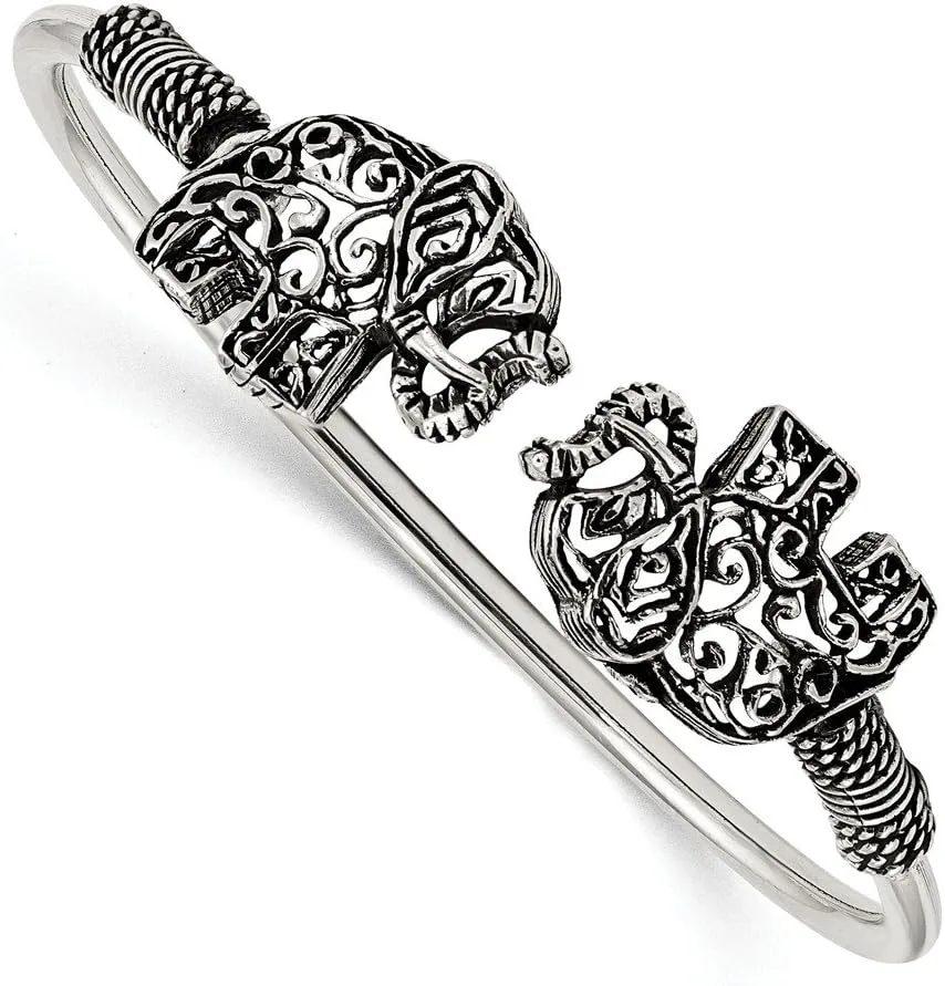 Sonia Jewels 925 Sterling Silver Vintage Antiqued Filigree Elephants Flexible Bangle Cuff Bracelet (Width = 2mm)