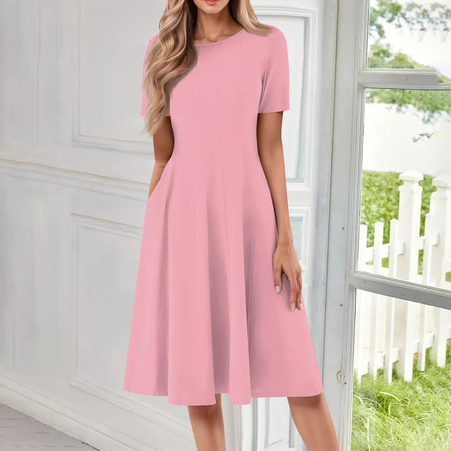 Spring Dresses for Women 2025 Cinched Waist Short Sleeve with Side Pocket Women Dress Plus Size Midi Crewneck Dress