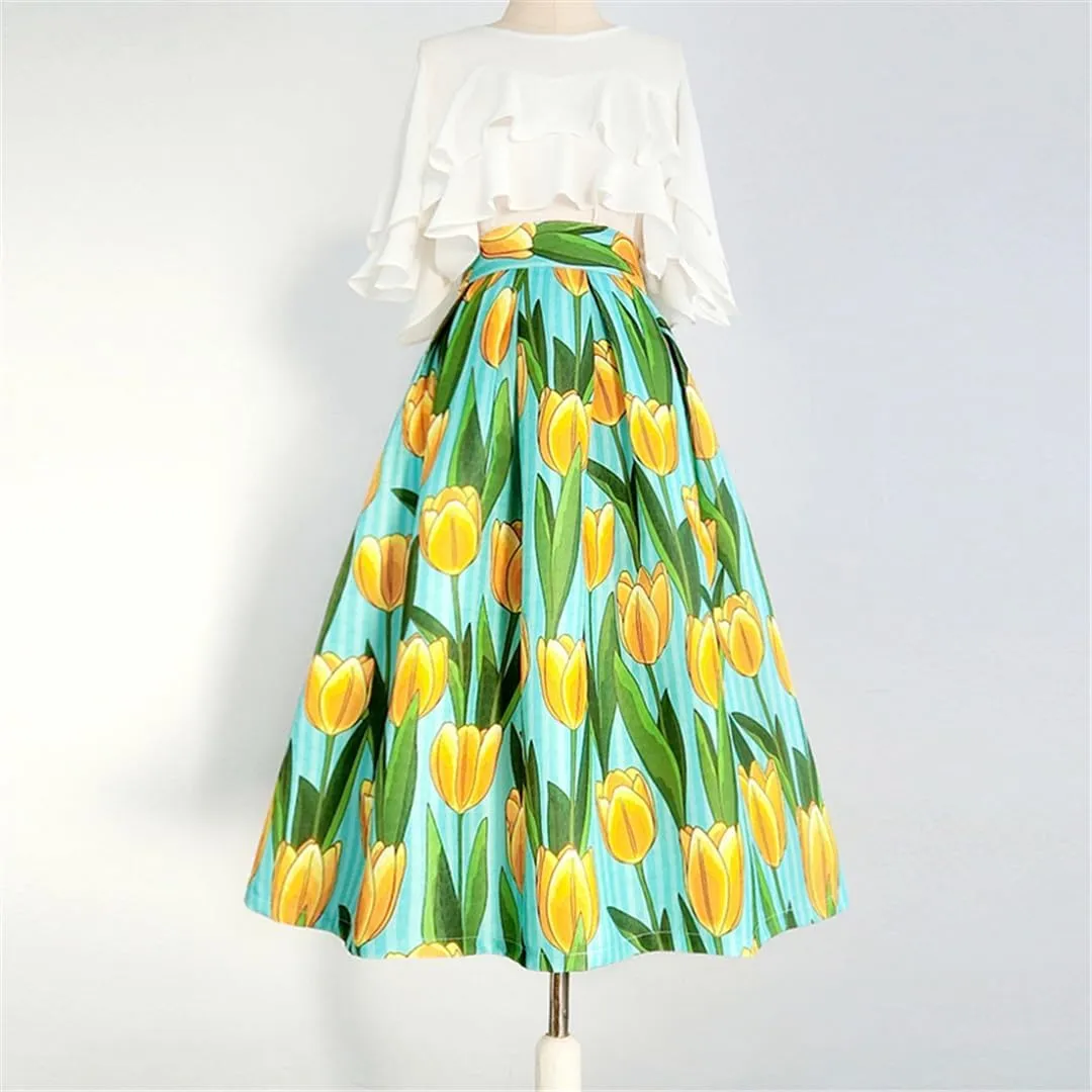 Spring Vintage Elegant Floral High Waist Pleated Midi Skirt