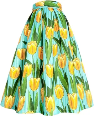 Spring Vintage Elegant Floral High Waist Pleated Midi Skirt