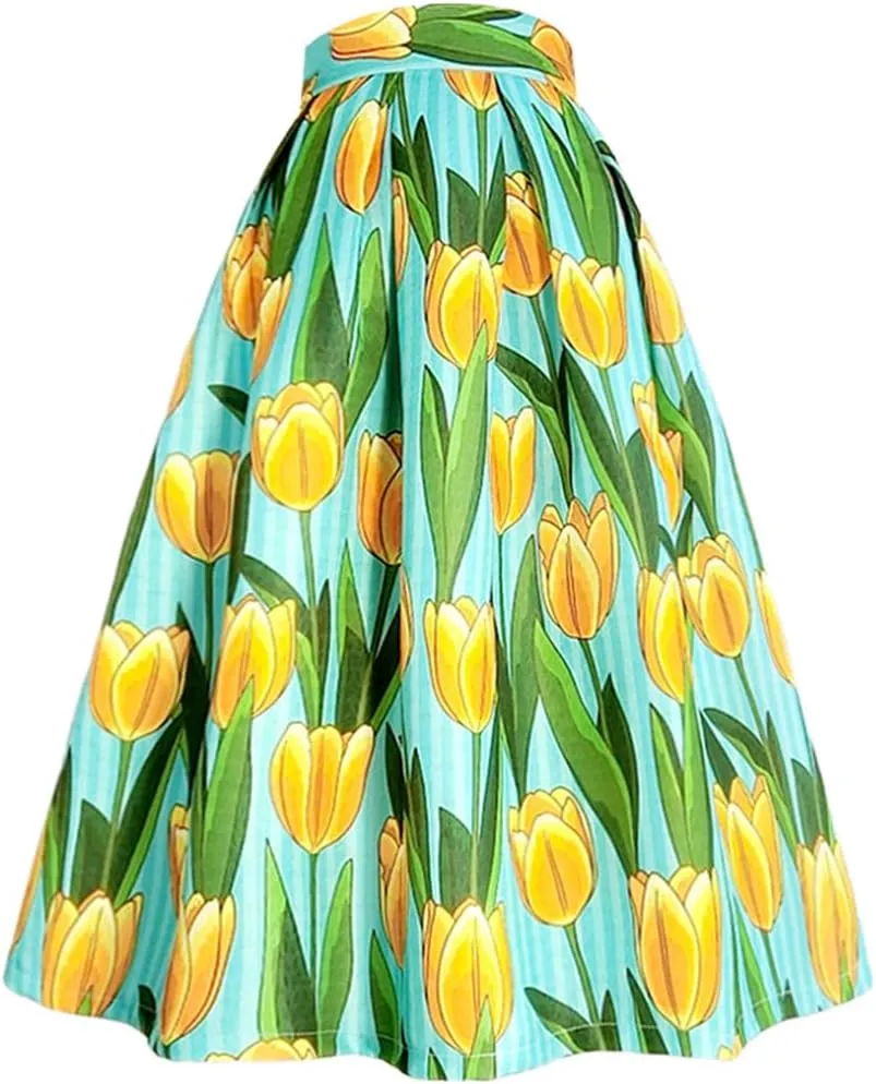 Spring Vintage Elegant Floral High Waist Pleated Midi Skirt