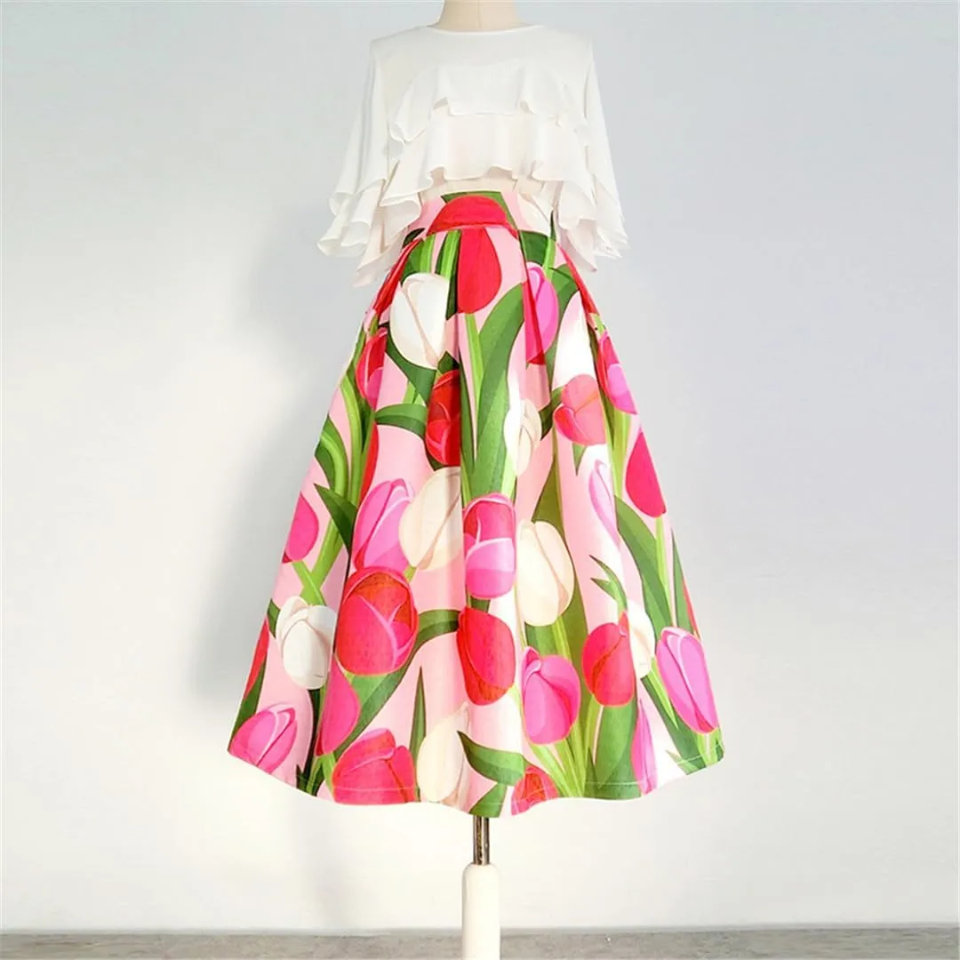Spring Vintage Elegant Floral High Waist Pleated Midi Skirt
