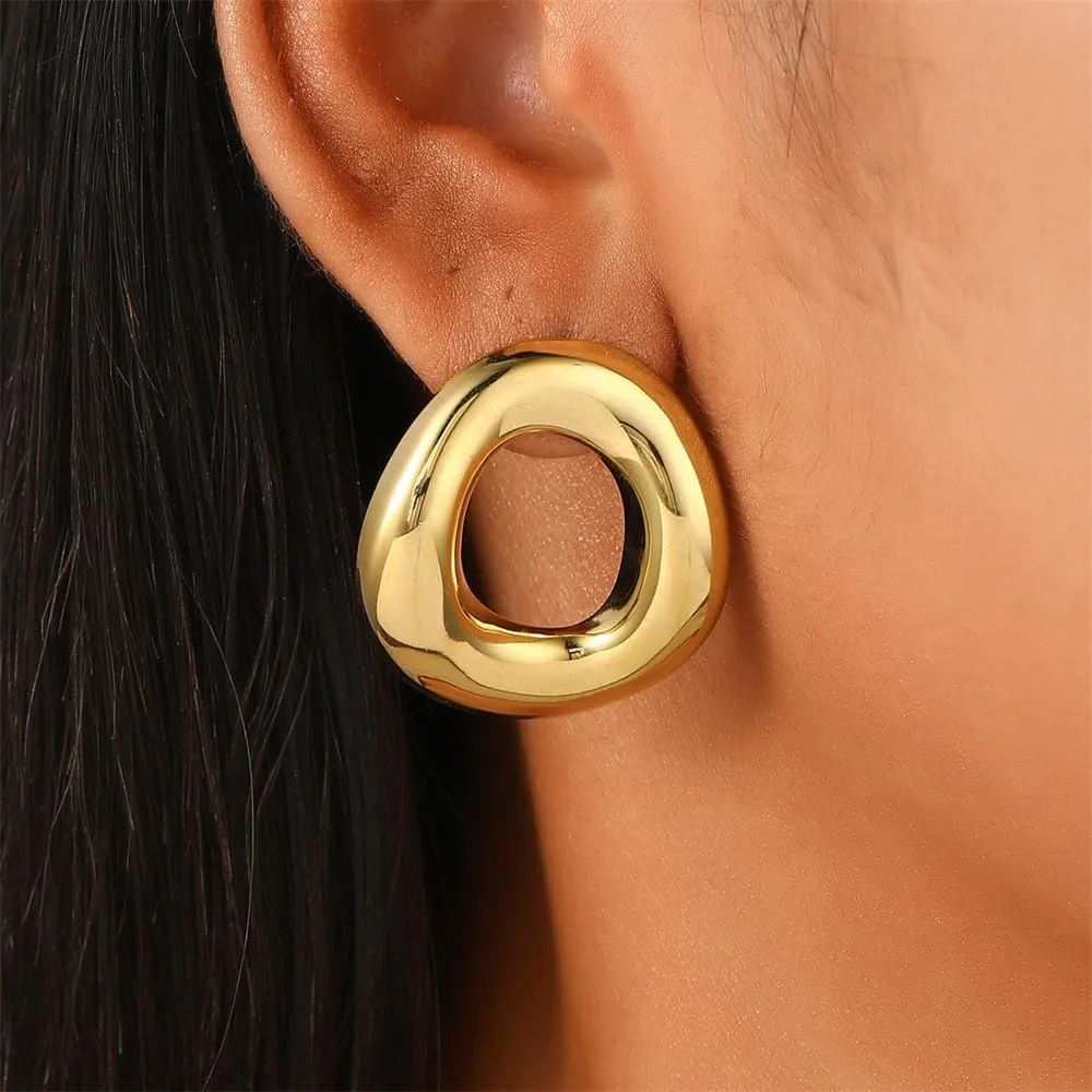 Stainless Steel Geometry Chunky Stud Earrings for Women Hollow Square Thick Statement Earrings Minimalist Oval Circle Studs Earrings Fashion Jewelry