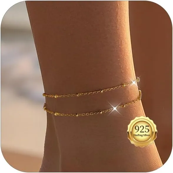 Sterling Silver Ankle Bracelets for Women 14K Gold Plated Beads Chain Anklets Adjustable Waterproof Layered Summer Beach Anklets for Women