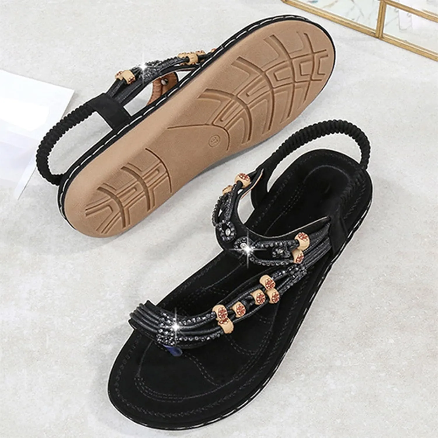 SuanlaTDS Women's Flat Sandals Dressy Summer Comfortable Bohemian Toe Ring Flip Flops Elastic Ankle Strap Slip-on Outdoor Walking Beach Shoes 2025 Arch Support Flats Sandal for Party