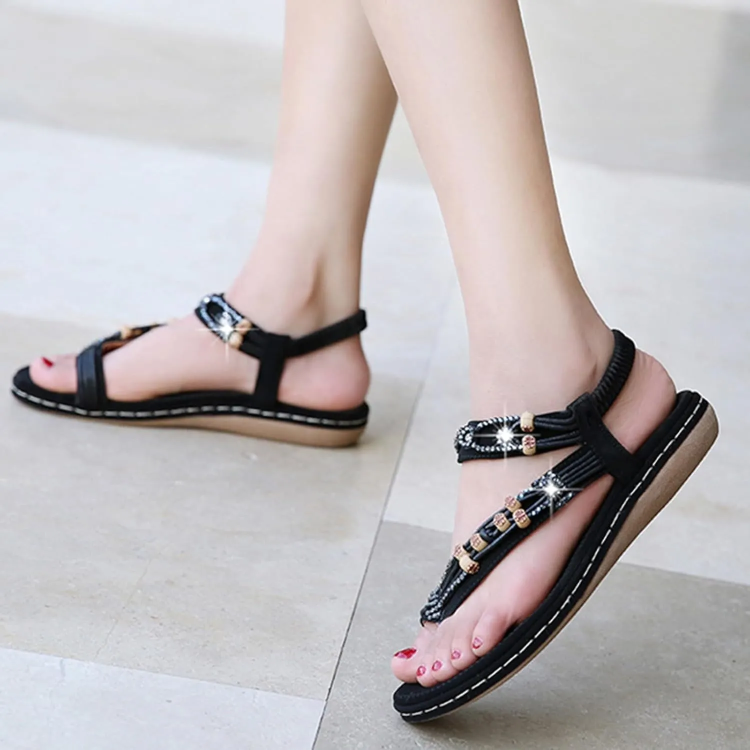 SuanlaTDS Women's Flat Sandals Dressy Summer Comfortable Bohemian Toe Ring Flip Flops Elastic Ankle Strap Slip-on Outdoor Walking Beach Shoes 2025 Arch Support Flats Sandal for Party