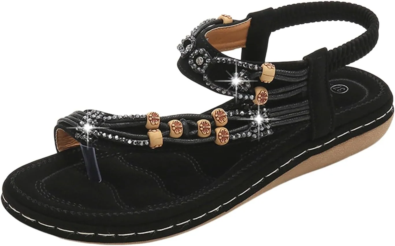 SuanlaTDS Women's Flat Sandals Dressy Summer Comfortable Bohemian Toe Ring Flip Flops Elastic Ankle Strap Slip-on Outdoor Walking Beach Shoes 2025 Arch Support Flats Sandal for Party
