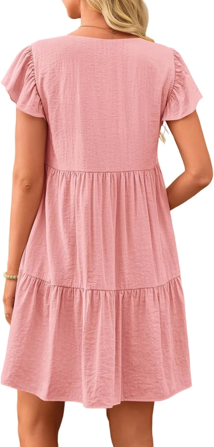 Summer Beach Dresses for Women A-Line Swing Tiered Dress Casual V Neck Ruffle Cap Sleeve Mini Dresses with Pockets