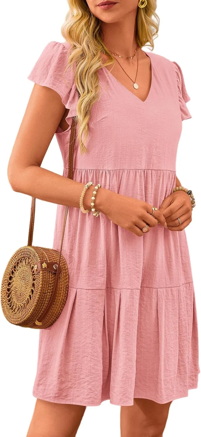 Summer Beach Dresses for Women A-Line Swing Tiered Dress Casual V Neck Ruffle Cap Sleeve Mini Dresses with Pockets