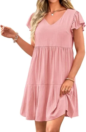 Summer Beach Dresses for Women A-Line Swing Tiered Dress Casual V Neck Ruffle Cap Sleeve Mini Dresses with Pockets