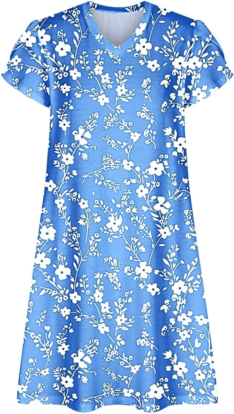 Summer Beach Dresses for Women Short Sleeve Floral Loose Dress Ruffle Hem V Neck Dress Holiday Dresses for Women 2025
