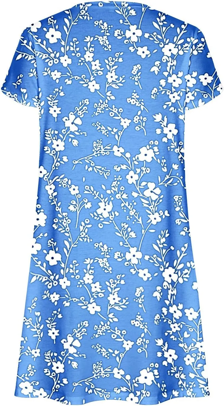 Summer Beach Dresses for Women Short Sleeve Floral Loose Dress Ruffle Hem V Neck Dress Holiday Dresses for Women 2025