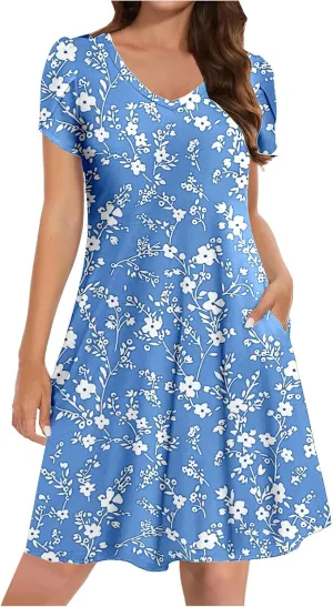 Summer Beach Dresses for Women Short Sleeve Floral Loose Dress Ruffle Hem V Neck Dress Holiday Dresses for Women 2025