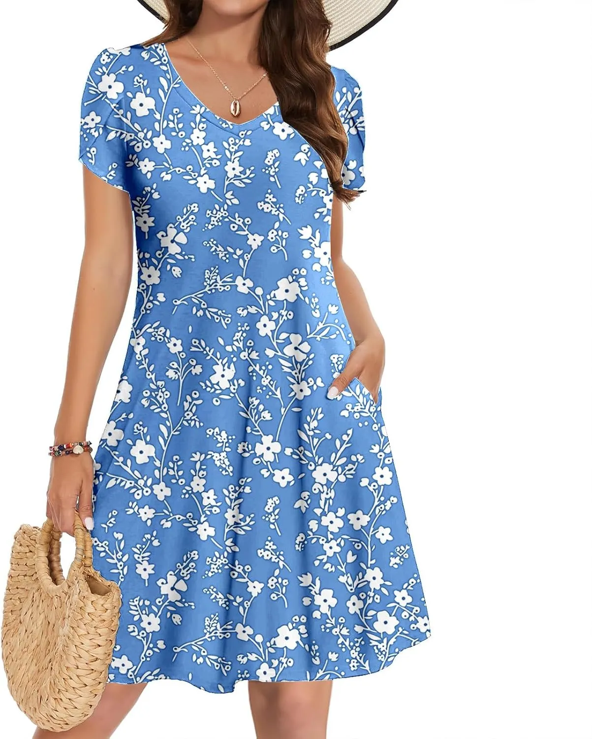 Summer Beach Dresses for Women Short Sleeve Floral Loose Dress Ruffle Hem V Neck Dress Holiday Dresses for Women 2025
