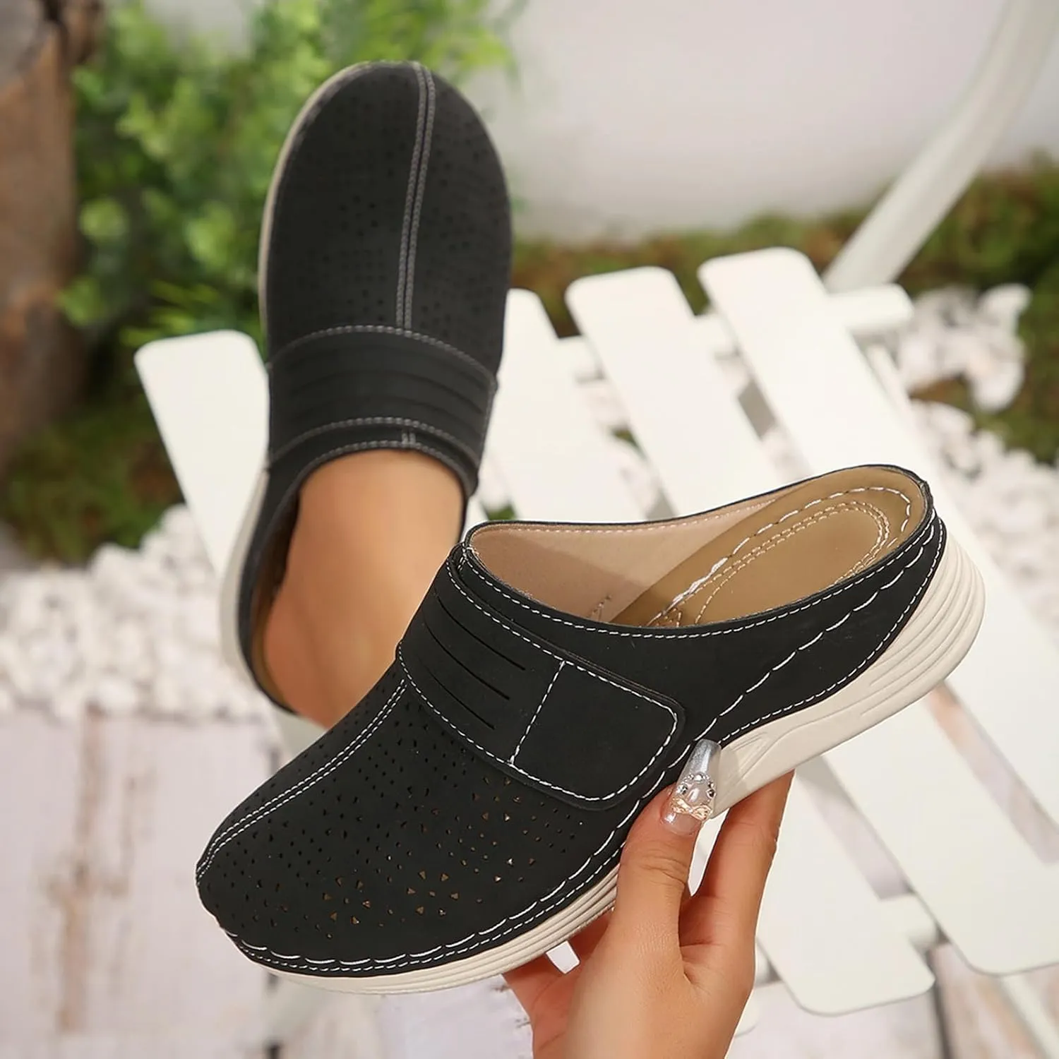 Summer Clogs for Women Comfortable Breathable Hollow Out Closed Toe Sandals Casual Mule Shoes Lightweight Slip On Walking Wedge Clogs with Arch Support
