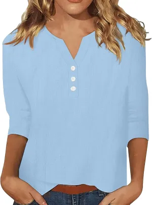 Summer Cotton Linen Shirts for Women 2025 Casual 3/4 Sleeve Tunic Shirts Spring Vacation Fashion Clothes