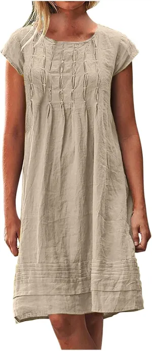 Summer Dress Womens Casual Short Sleeve Cotton Linen Dress Sundress Beach Mini Dresses for Women 2025 Trendy