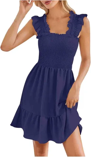 Summer Dresses for Women 2024 Casual Sleeveless Square Neck Smocked Ruffle Boho Tiered Mini Dress 2024 Trendy Sundress
