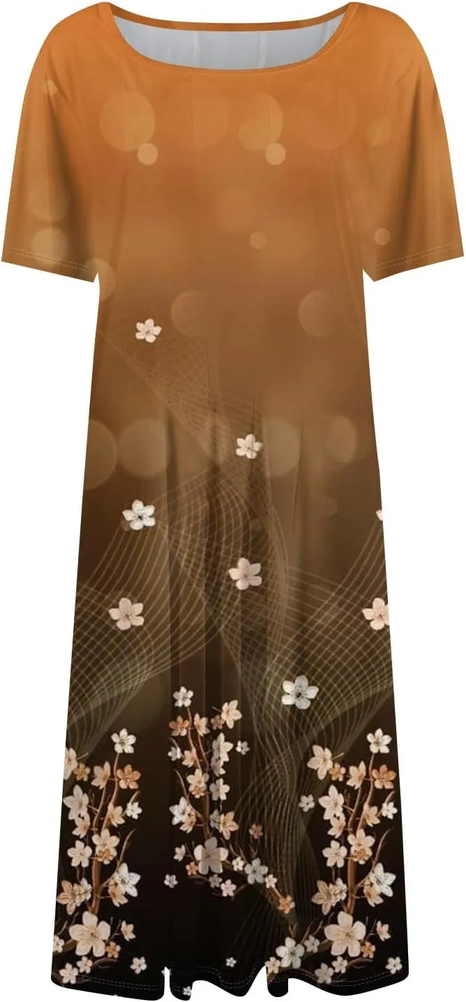 Summer Dresses for Women 2025 Casual Loose Crewneck Short Sleeve Boho Floral Sundresses Flowy Midi Dress with Pockets