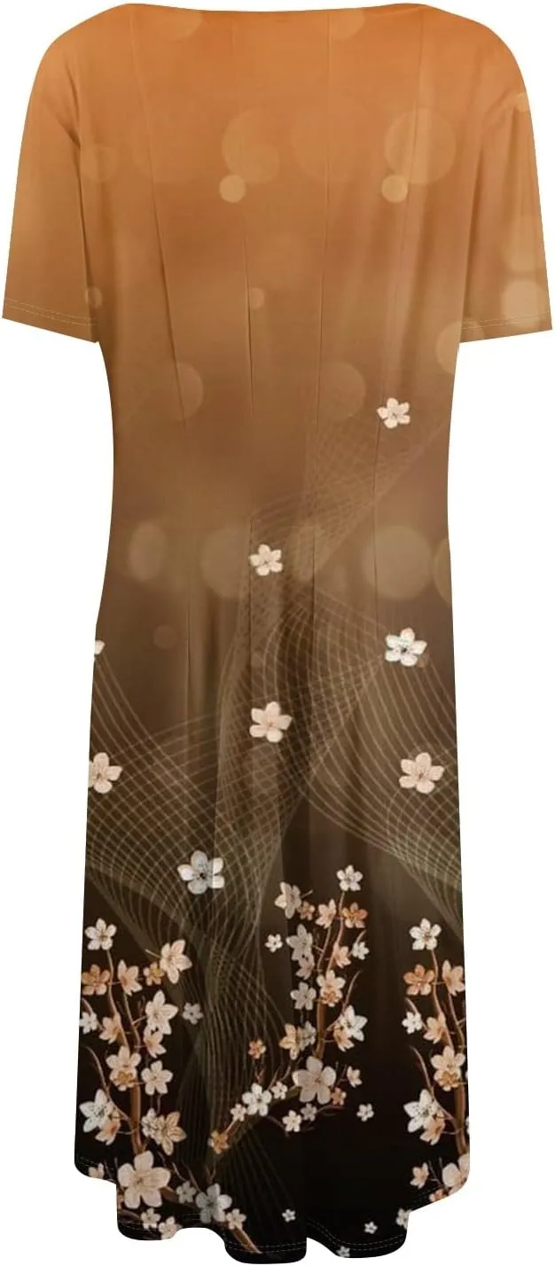 Summer Dresses for Women 2025 Casual Loose Crewneck Short Sleeve Boho Floral Sundresses Flowy Midi Dress with Pockets