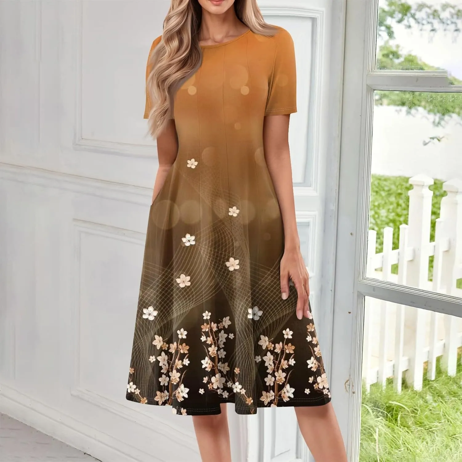 Summer Dresses for Women 2025 Casual Loose Crewneck Short Sleeve Boho Floral Sundresses Flowy Midi Dress with Pockets