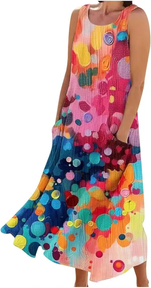 Summer Dresses for Women 2025 Cotton Linen Maxi Tank Dress Fashion Floral Beach Sundresses Spring Boho Outfits with Pockets