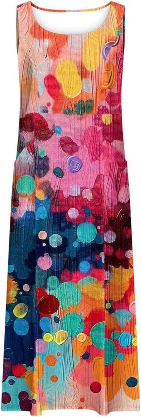 Summer Dresses for Women 2025 Cotton Linen Maxi Tank Dress Fashion Floral Beach Sundresses Spring Boho Outfits with Pockets
