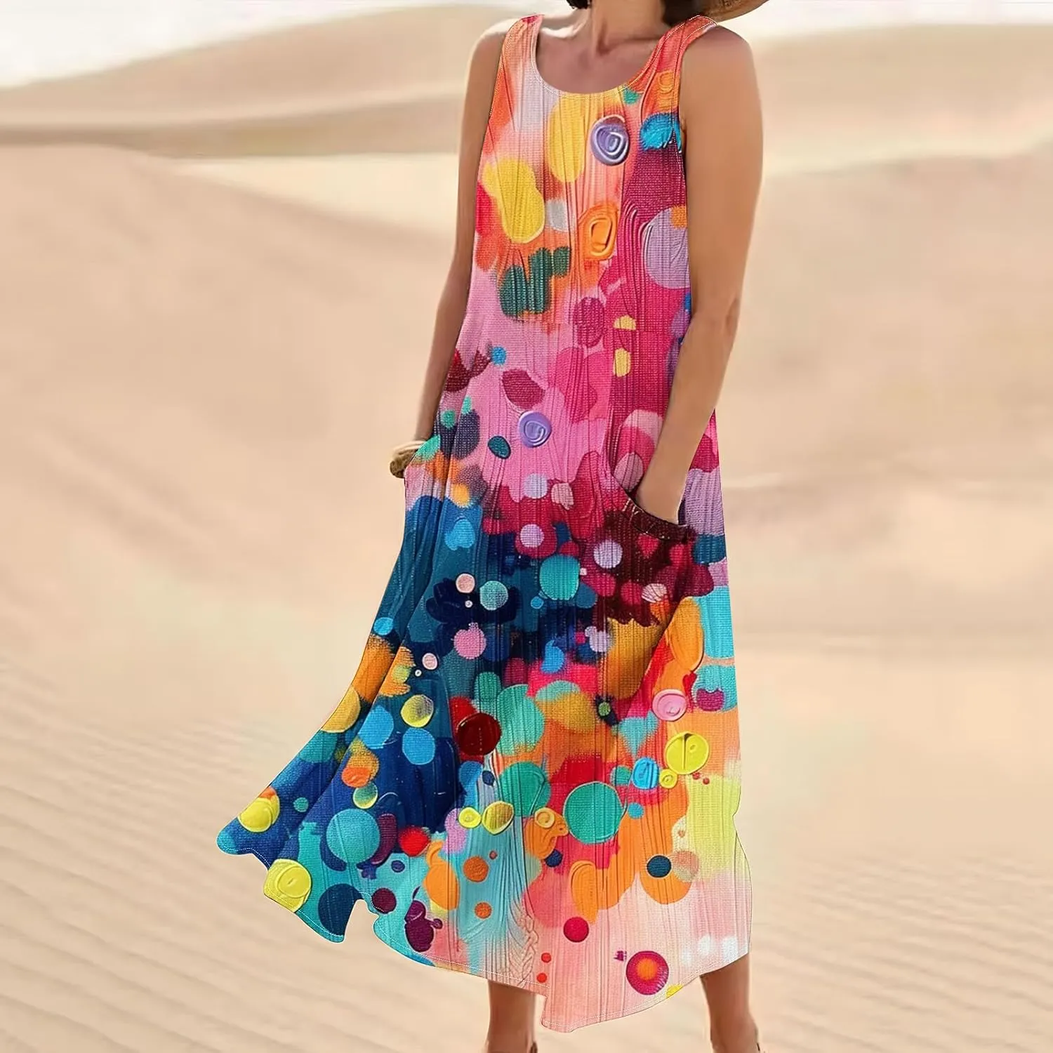 Summer Dresses for Women 2025 Cotton Linen Maxi Tank Dress Fashion Floral Beach Sundresses Spring Boho Outfits with Pockets