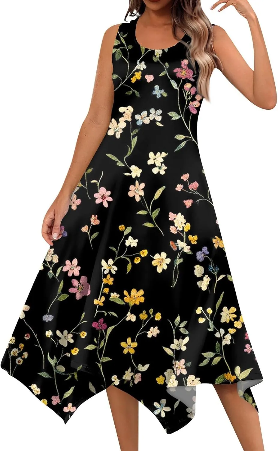 Summer Dresses for Women 2025 Fashion Round Neck Sleeveless Print Irregular Hem Tank Sundress Casual Beach Midi Dresses